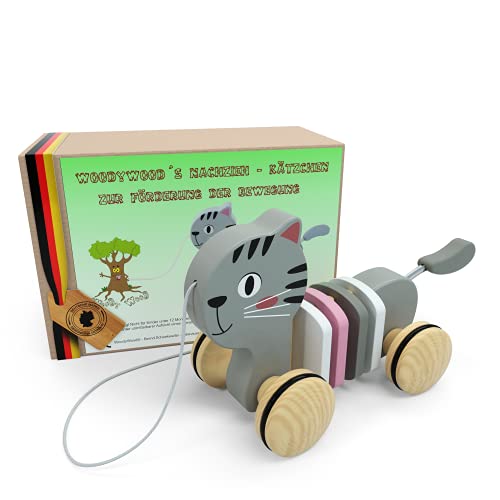 WoodyWood® Juguete para arrastrar de gato, juguete de madera para bebés y niños, juguete para niños a partir de 1 año para tirar, empujar, jugar, para promover el movimiento y la motricidad (gato)