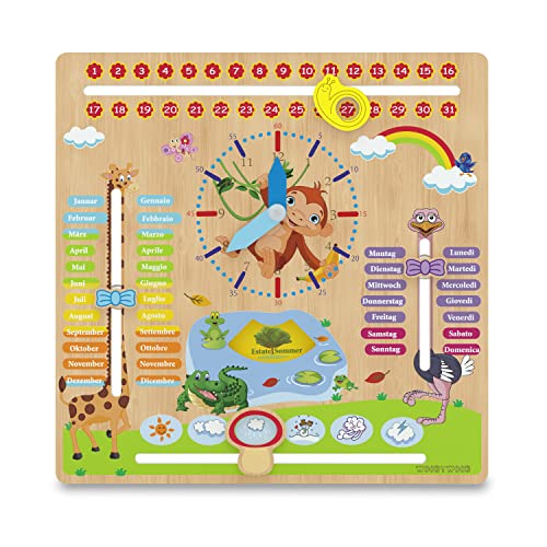 WoodyWood® Reloj de calendario para niños, de madera, juguete educativo, 30 x 30 cm, bilingüe