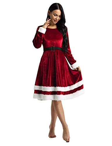 YiZYiF Vestido Navidad Mujer Chica Disfraz Mamá Noel Vestido Largo de Terciopelo Abrigante Traje Santa Claus Conjunto Navideño Disfraces Nochebuena Rojo X-Large