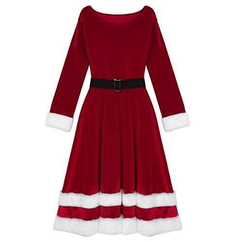 YiZYiF Vestido Navidad Mujer Chica Disfraz Mamá Noel Vestido Largo de Terciopelo Abrigante Traje Santa Claus Conjunto Navideño Disfraces Nochebuena Rojo X-Large