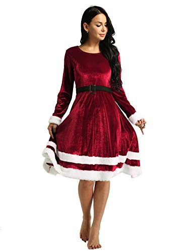 YiZYiF Vestido Navidad Mujer Chica Disfraz Mamá Noel Vestido Largo de Terciopelo Abrigante Traje Santa Claus Conjunto Navideño Disfraces Nochebuena Rojo X-Large