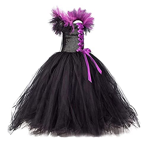 Yokbeer 3pcs Set Niñas Maléfica Bruja Malvada Disfraz de Reina Malvada Hada Malvada Cosplay Carnaval de Halloween con Alas de Cuerno Vestido de Princesa Vestido de Tul de Punto Vestido Festivo Trajes