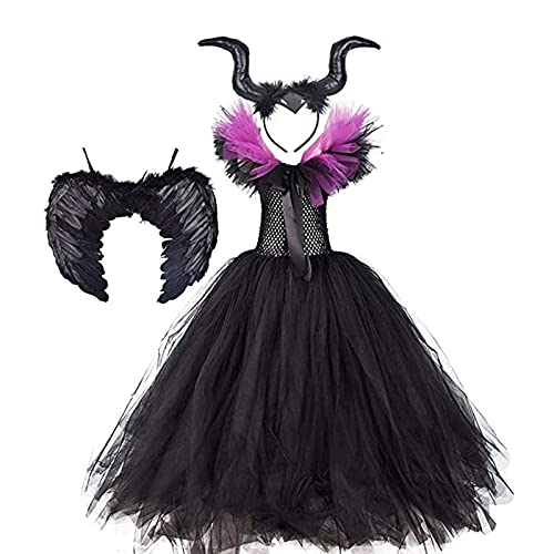 Yokbeer 3pcs Set Niñas Maléfica Bruja Malvada Disfraz de Reina Malvada Hada Malvada Cosplay Carnaval de Halloween con Alas de Cuerno Vestido de Princesa Vestido de Tul de Punto Vestido Festivo Trajes