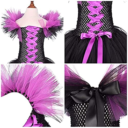 Yokbeer 3pcs Set Niñas Maléfica Bruja Malvada Disfraz de Reina Malvada Hada Malvada Cosplay Carnaval de Halloween con Alas de Cuerno Vestido de Princesa Vestido de Tul de Punto Vestido Festivo Trajes