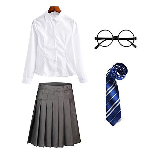 YOSICIL Disfraz de Niñas Adultas Disfraz de Mago Escolar Corbata Gryffindor Gafas Redondas Camisa de Manga Larga con Falda Cosplay Traje de Fiesta Uniforme Set Regalo Carnaval Navidad